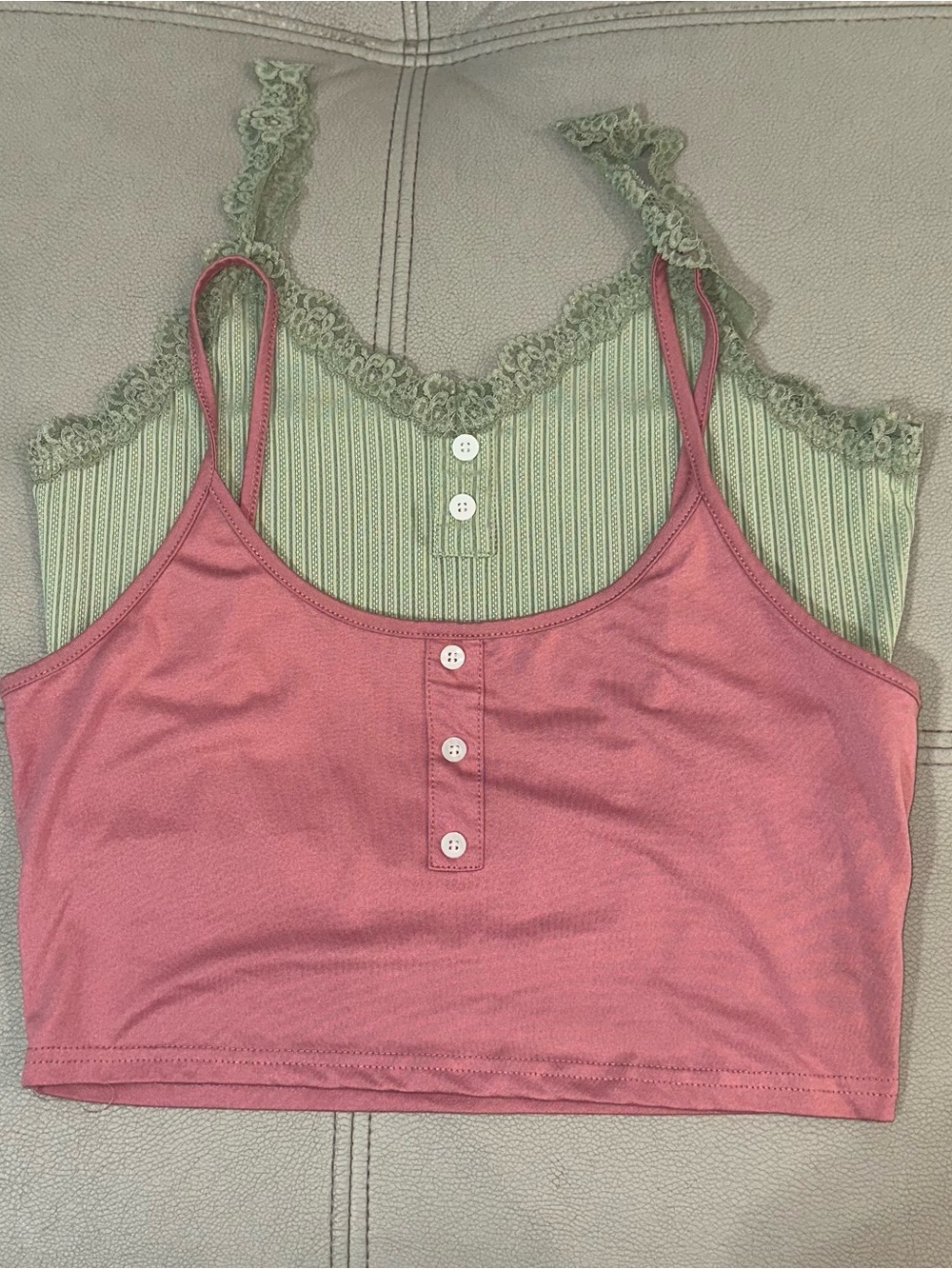 2 Women’s Rose Pink & Sage Green Lace-Trim Tank Tops